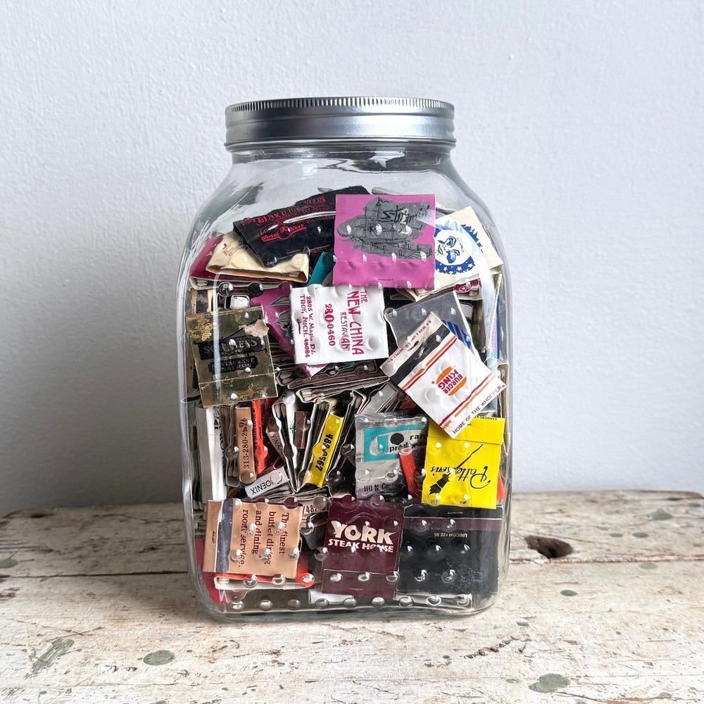 Vintage Matchbook Collection 300+ Pieces in 11" Textured Glass Jar Advertising